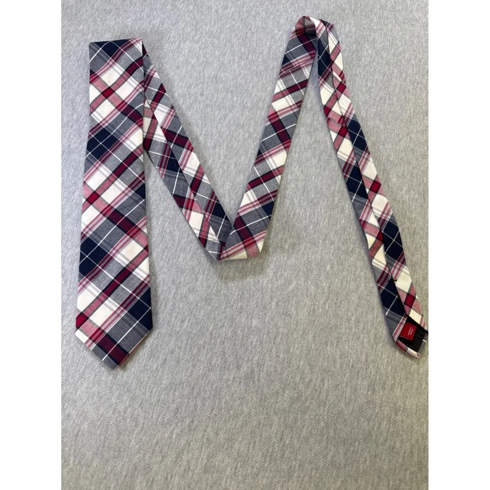 Merona Mens‎ Plaid Necktie Navy Blue Burgundy Red White 100% Cotton 044110013